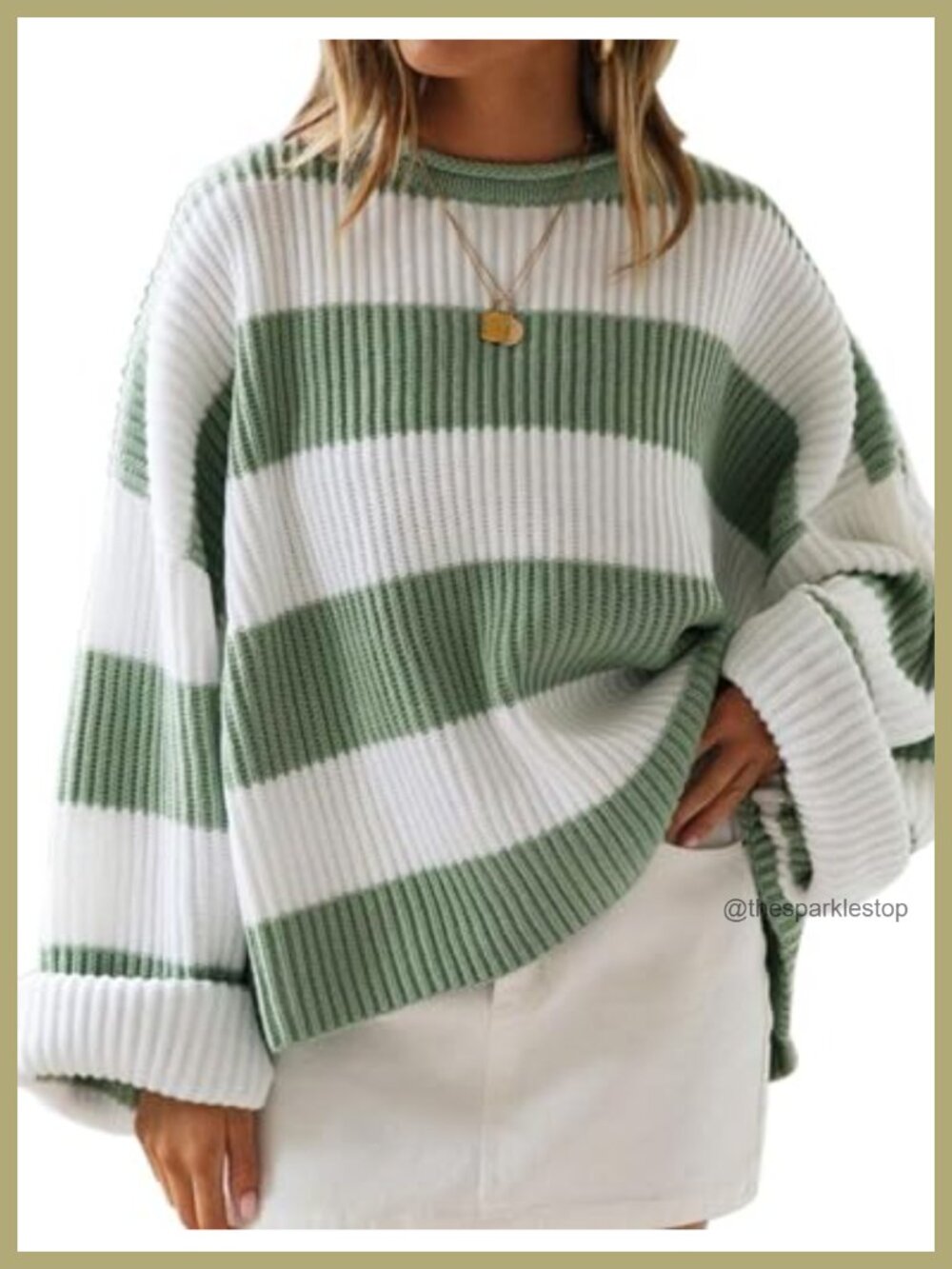 Oversized Striped Knit Sweater Pullover Crew Neck Long Sleeve
